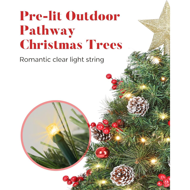 33 inch Christmas Trees with LED Lights 2 Pack Outdoor Prelit Christmas Trees Small Artificial Christmas Tree with Ornaments for Porch Driveway